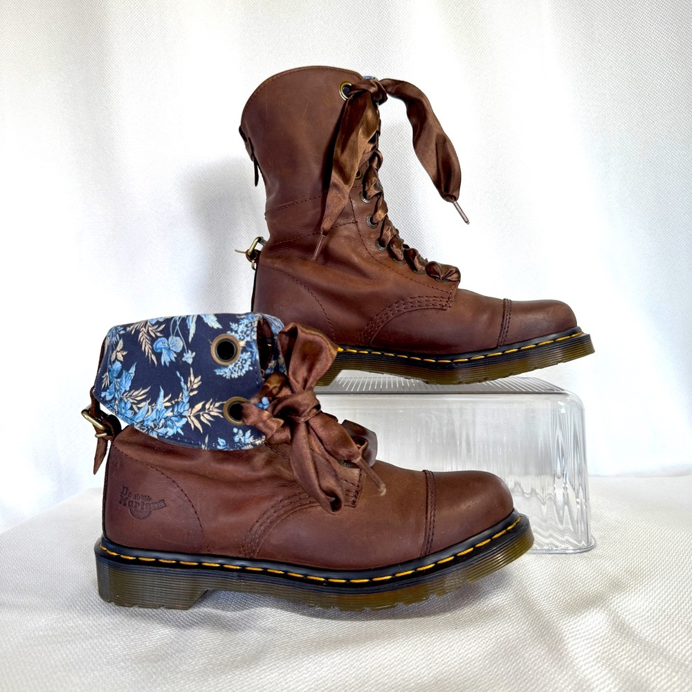 Dr Martens Brown Aimilita Leather Boots | 9-Hole | Blue Floral Fold Over